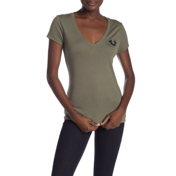True Religion Women's Crystal Embellished Horseshoe Deep V-Neck Tee T-Shirt - Picture 1 of 2